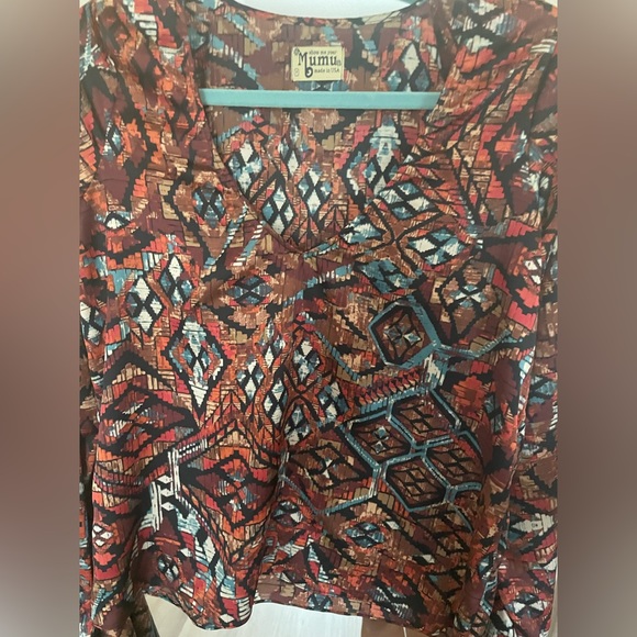 Show Me Your Mumu Bell Sleeve V-Neck Boho Aztec Print Blouse Top Brown M - Picture 7 of 7